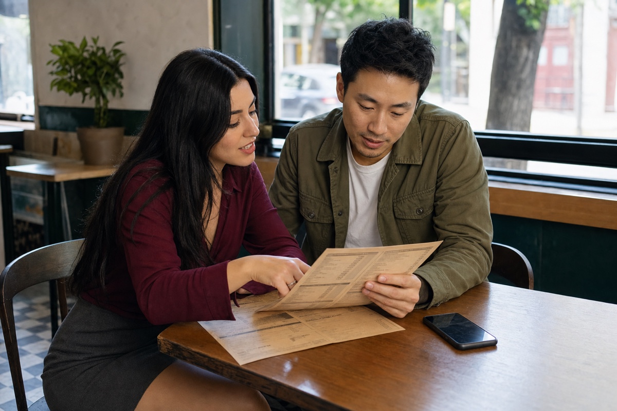 A foreign man and Argentinian woman checking a current restaurant menu and agreeing on a first-date plan in Buenos Aires