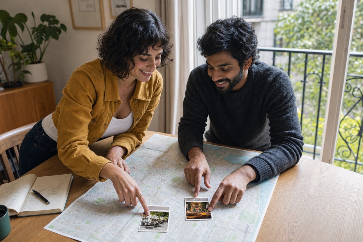 A couple choosing a Buenos Aires neighborhood and cafe from a paper map before their first date