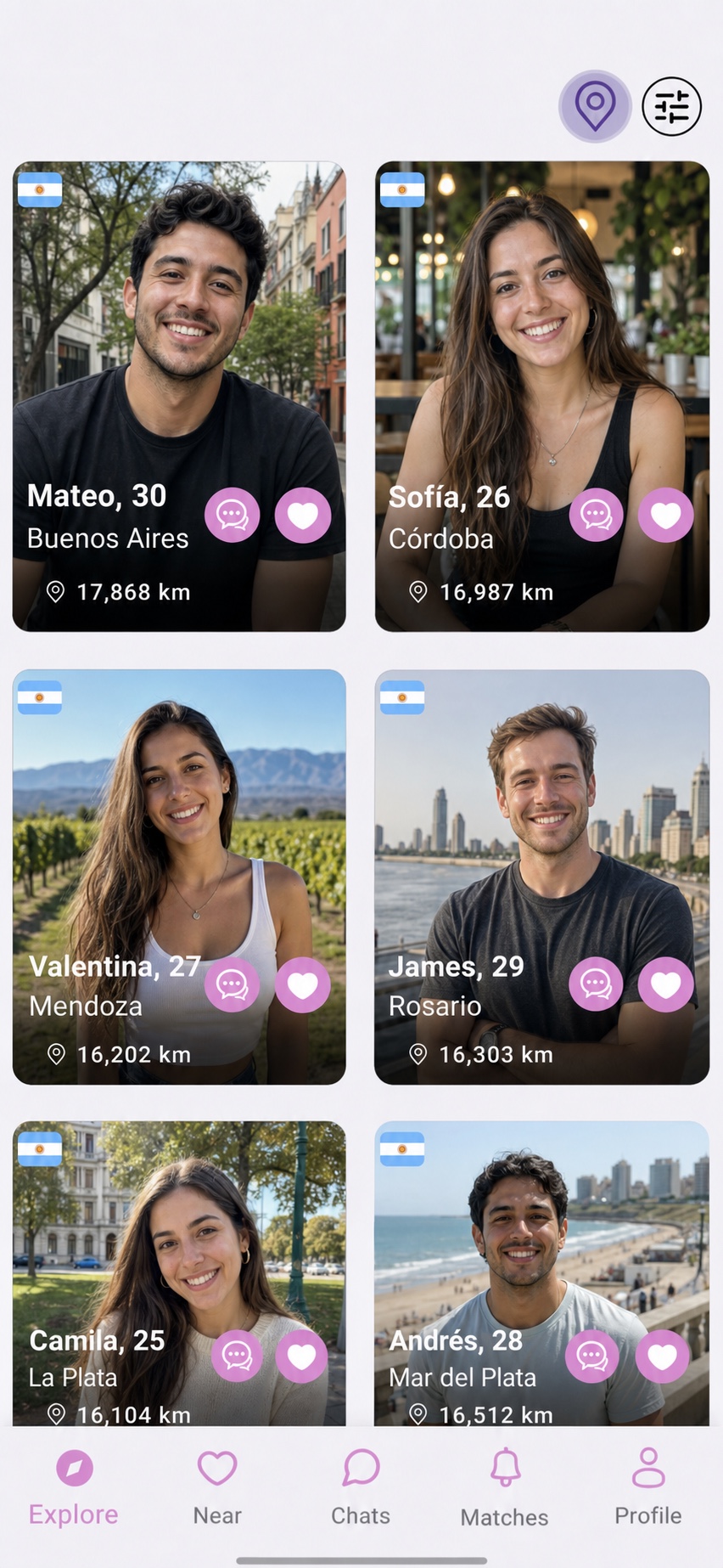 The LatinFlare Explore screen showing active profiles in Argentina that a user can filter and message