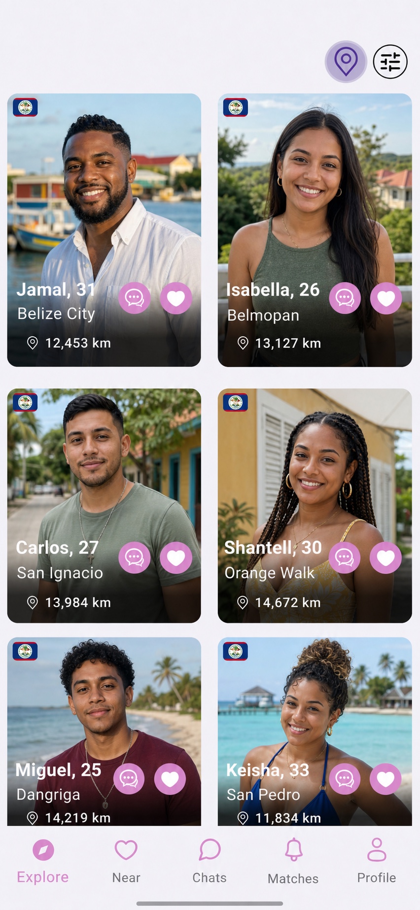 The LatinFlare Explore screen showing active profiles in Belize that users can filter and message