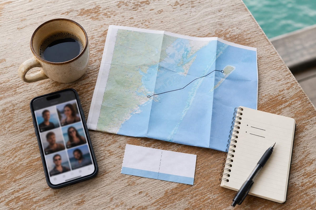 A phone with a Belize dating profile beside a notebook, water taxi ticket, and mainland-to-caye route plan