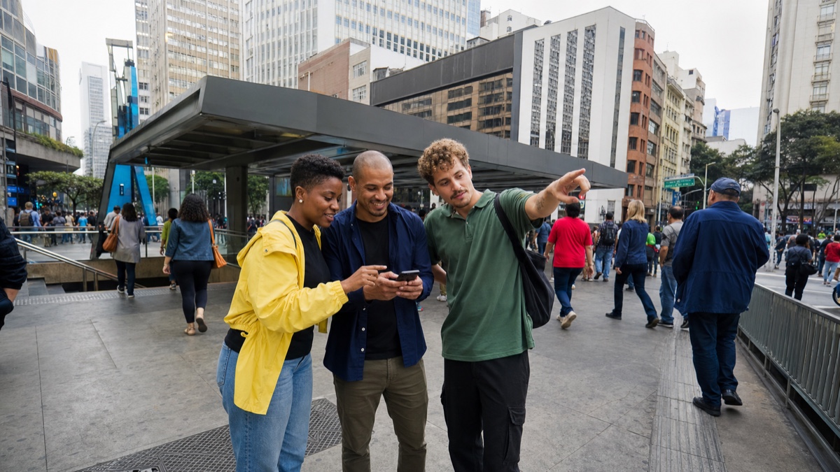 Three friends checking routes and dating-app distances beside a busy São Paulo metro entrance, showing how city geography shapes a real meeting