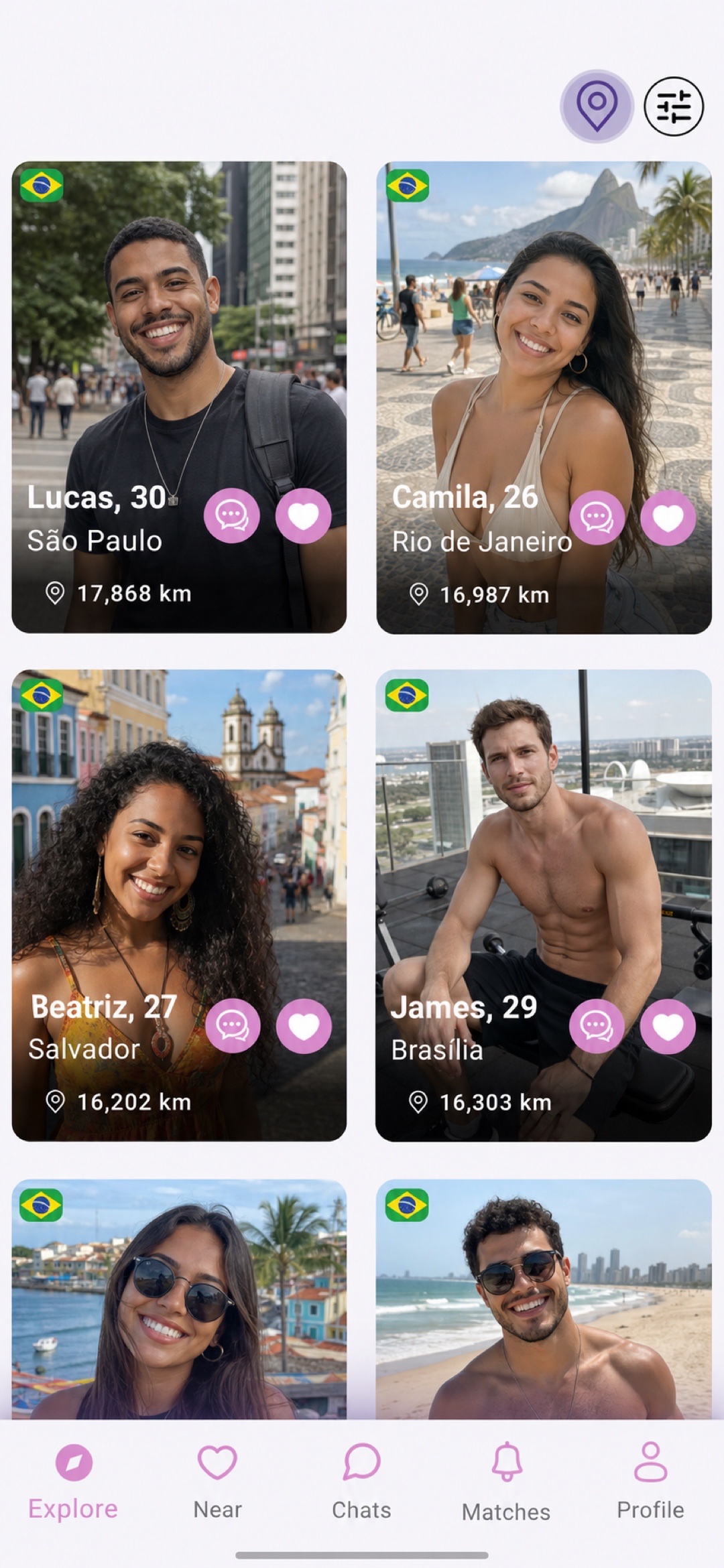 The LatinFlare Explore screen with active profiles in Brazil, filter controls, and message buttons