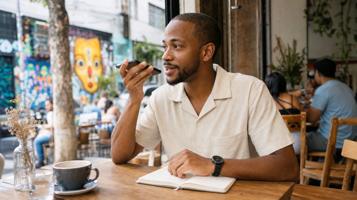 A Black foreign visitor recording a Portuguese voice note at a lively Vila Madalena café before arranging a first date