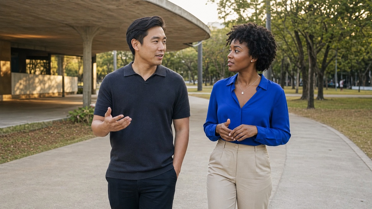 An East Asian foreign man and a Brazilian woman having an honest daytime conversation while walking through Parque Ibirapuera in São Paulo