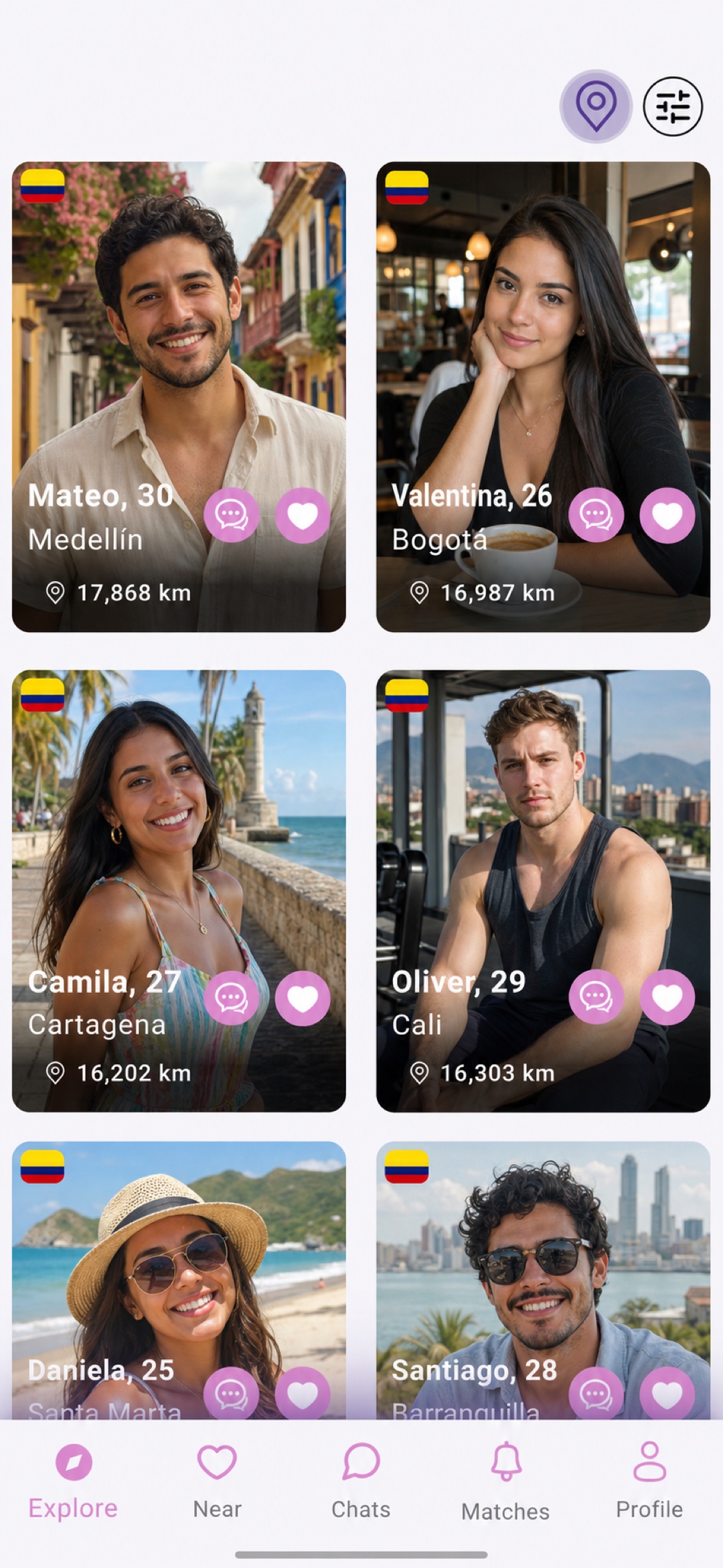 The real LatinFlare Explore screen showing active profiles in Colombia that can be filtered and messaged directly