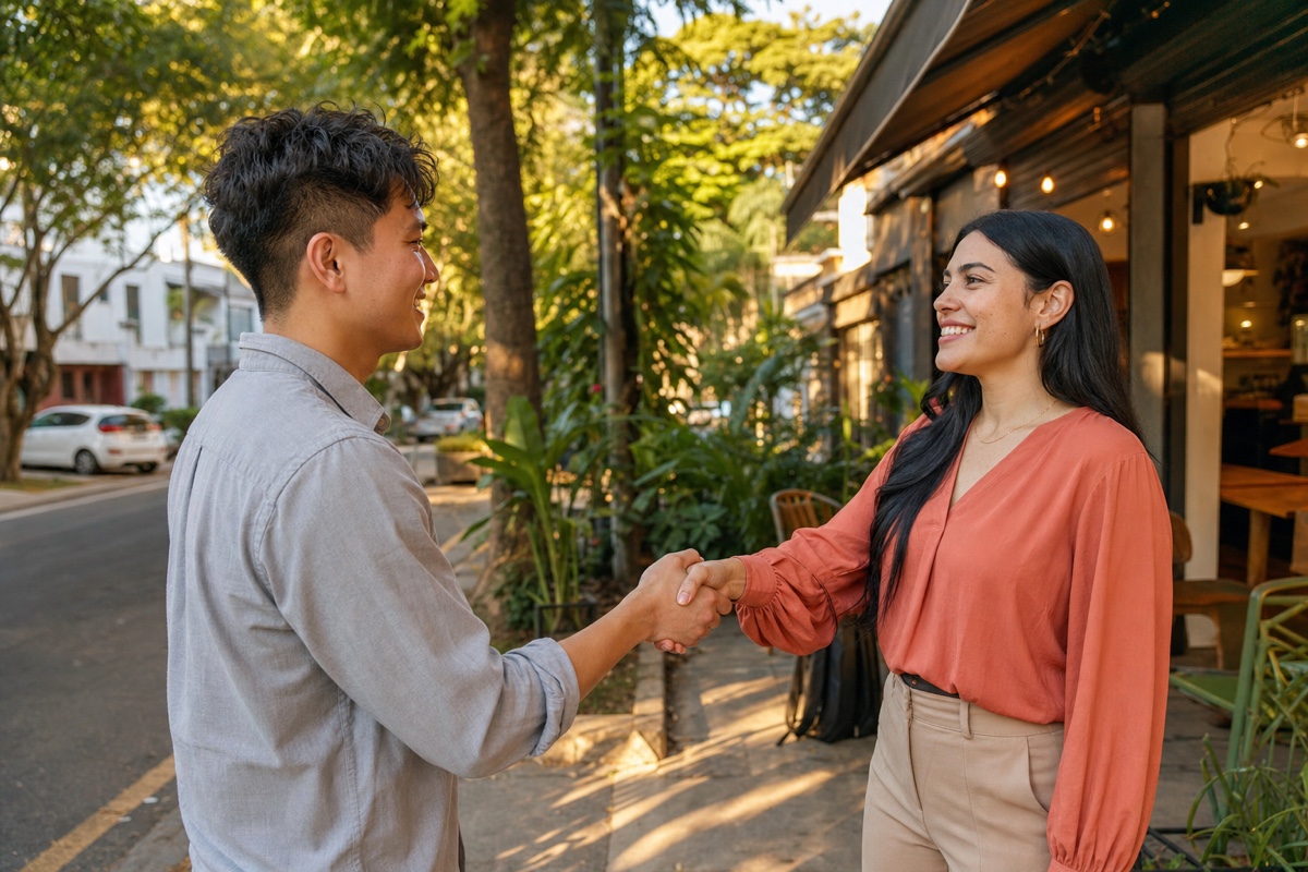 A foreign visitor and a Colombian woman greeting each other on a leafy street in Laureles, Medellín