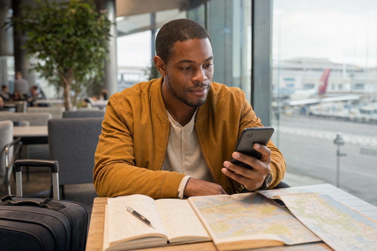 A traveler using his phone while planning a Colombia trip in an airport lounge