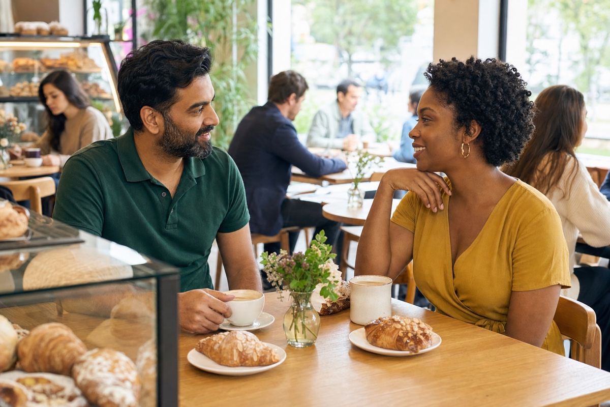 A foreign man and Colombian woman having a relaxed first date in a busy Bogotá bakery-café during the day