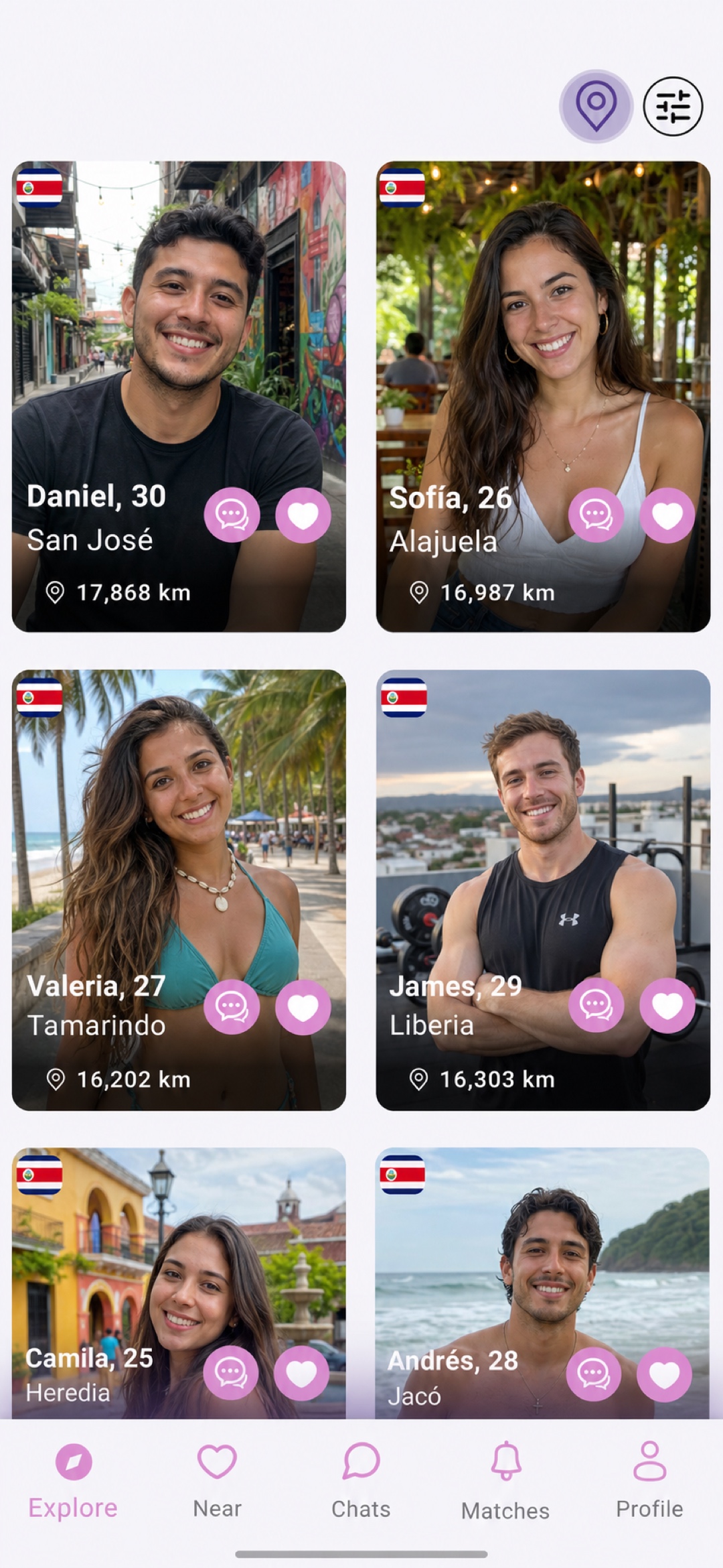 The real LatinFlare Explore screen showing active profiles in Costa Rica that users can filter and message