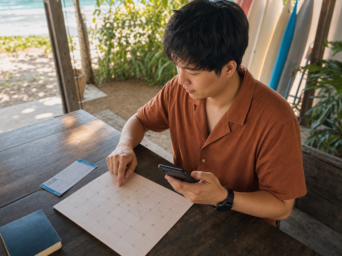 A traveler adding exact Costa Rica trip dates to a dating profile beside a calendar and a Guanacaste bus ticket