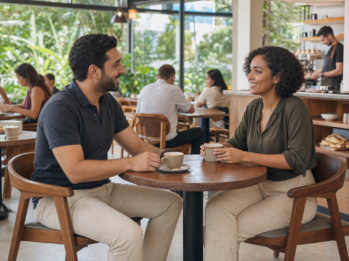 A foreign visitor and Costa Rican woman meeting for a first date at a busy daylight coffee shop in Escazú