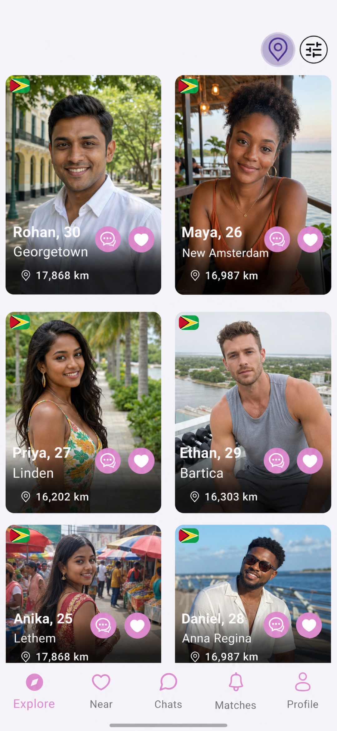The LatinFlare Explore screen showing active profiles in Guyana that a user can filter and message