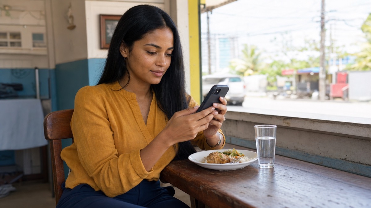 A young Guyanese woman browsing an open profile grid on her phone at a Georgetown lunch counter