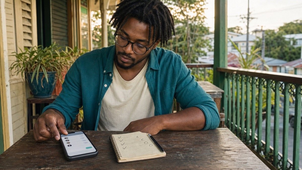 A Guyanese man comparing a short list of dating profiles and privacy settings beside his phone