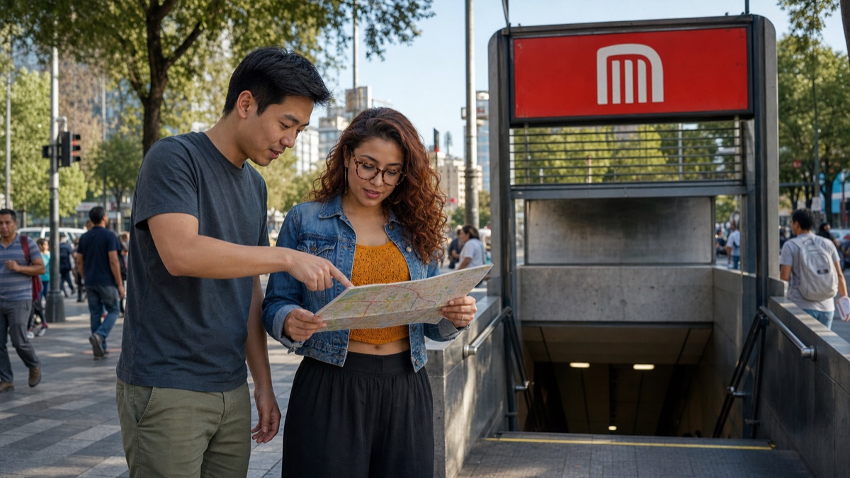 A traveler checking a map and dating app beside a Mexican woman at a bright Mexico City metro entrance