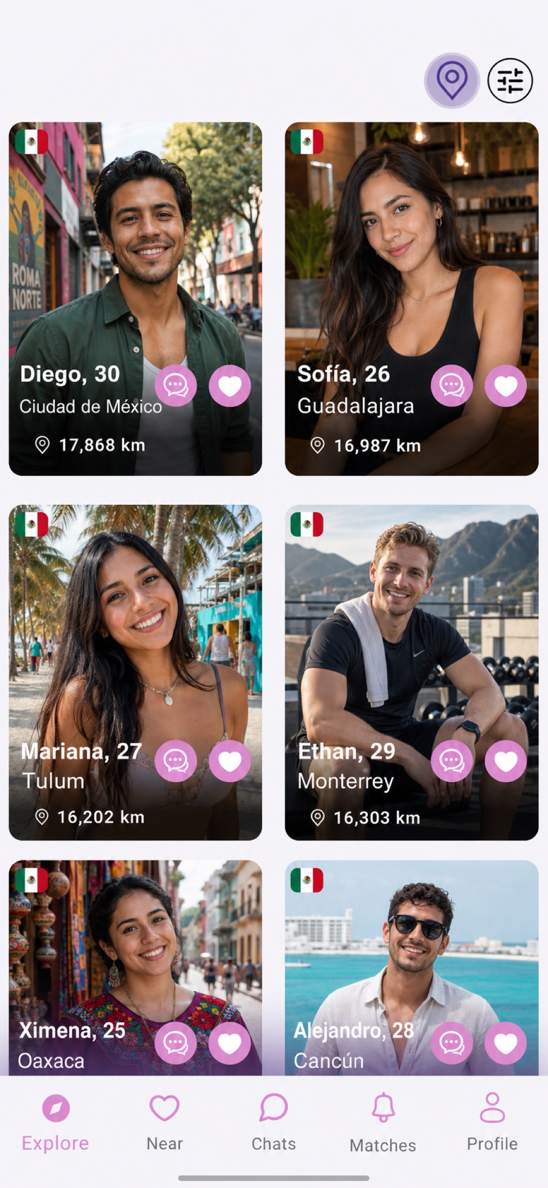 The real LatinFlare Explore screen where users filter active profiles in Mexico and send messages without matching
