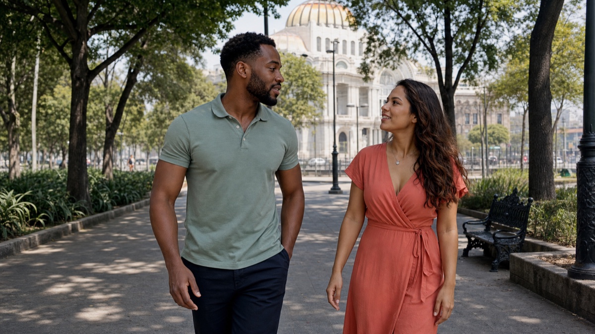 A foreign man and a Mexican woman talking about what they want from dating while walking through Alameda Central