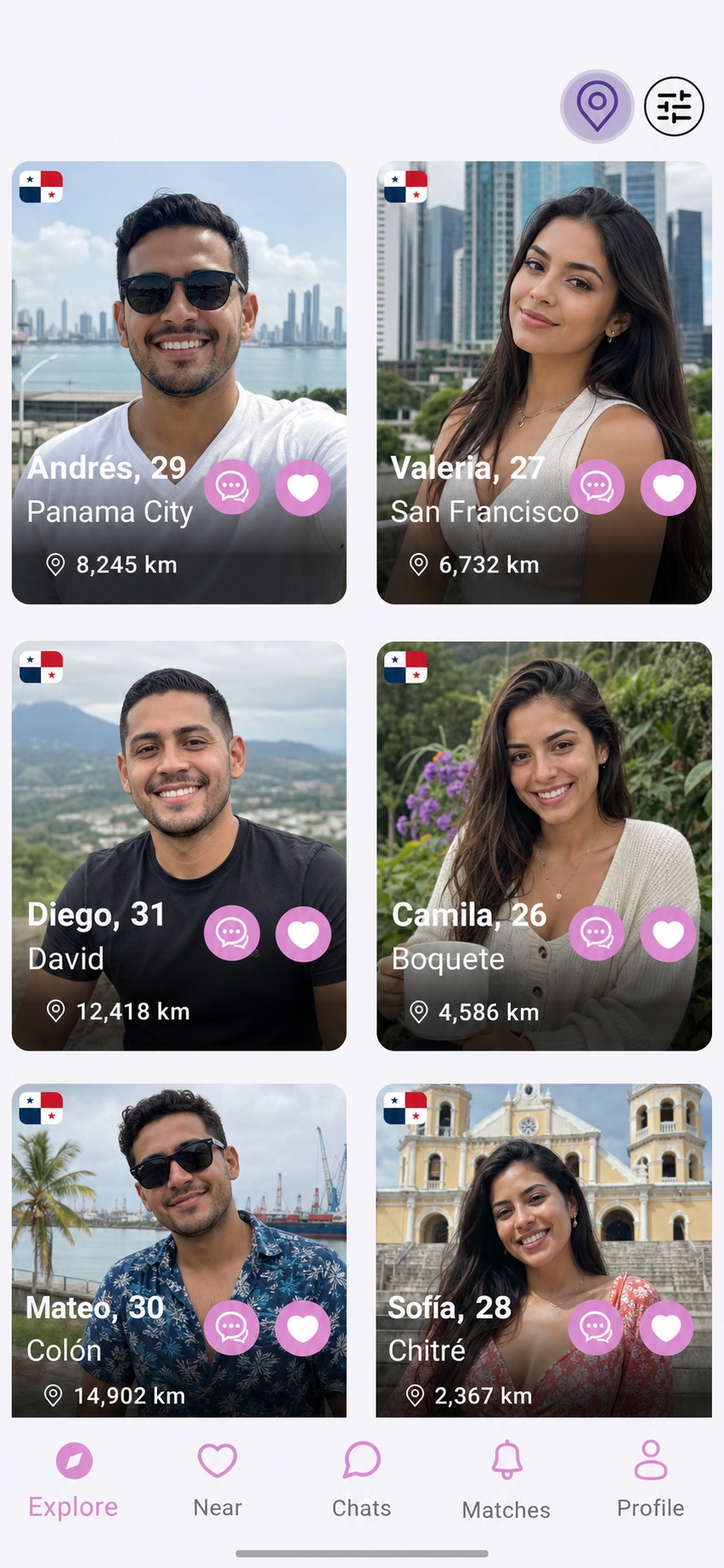 The LatinFlare Explore screen showing active profiles in Panama that users can filter and message