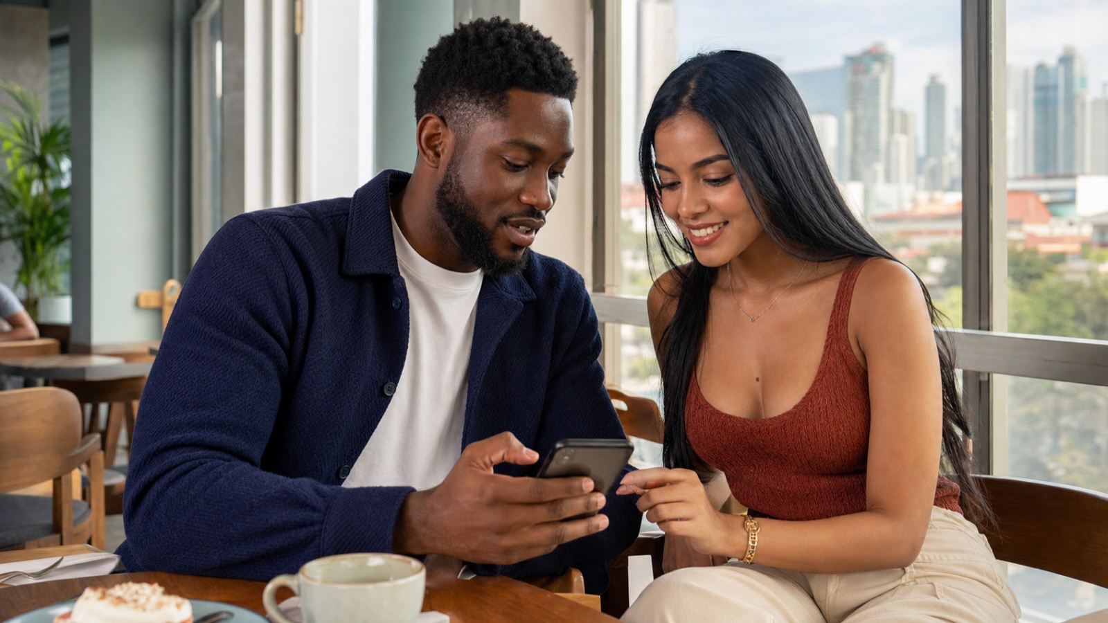 A foreign visitor and a Panamanian woman comparing dating profiles over coffee in a bright Panama City cafe