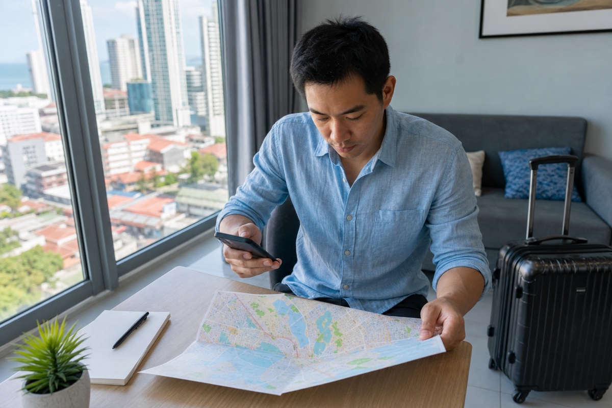 A traveler setting a Panama City neighborhood and exact trip dates on a dating profile beside a city map