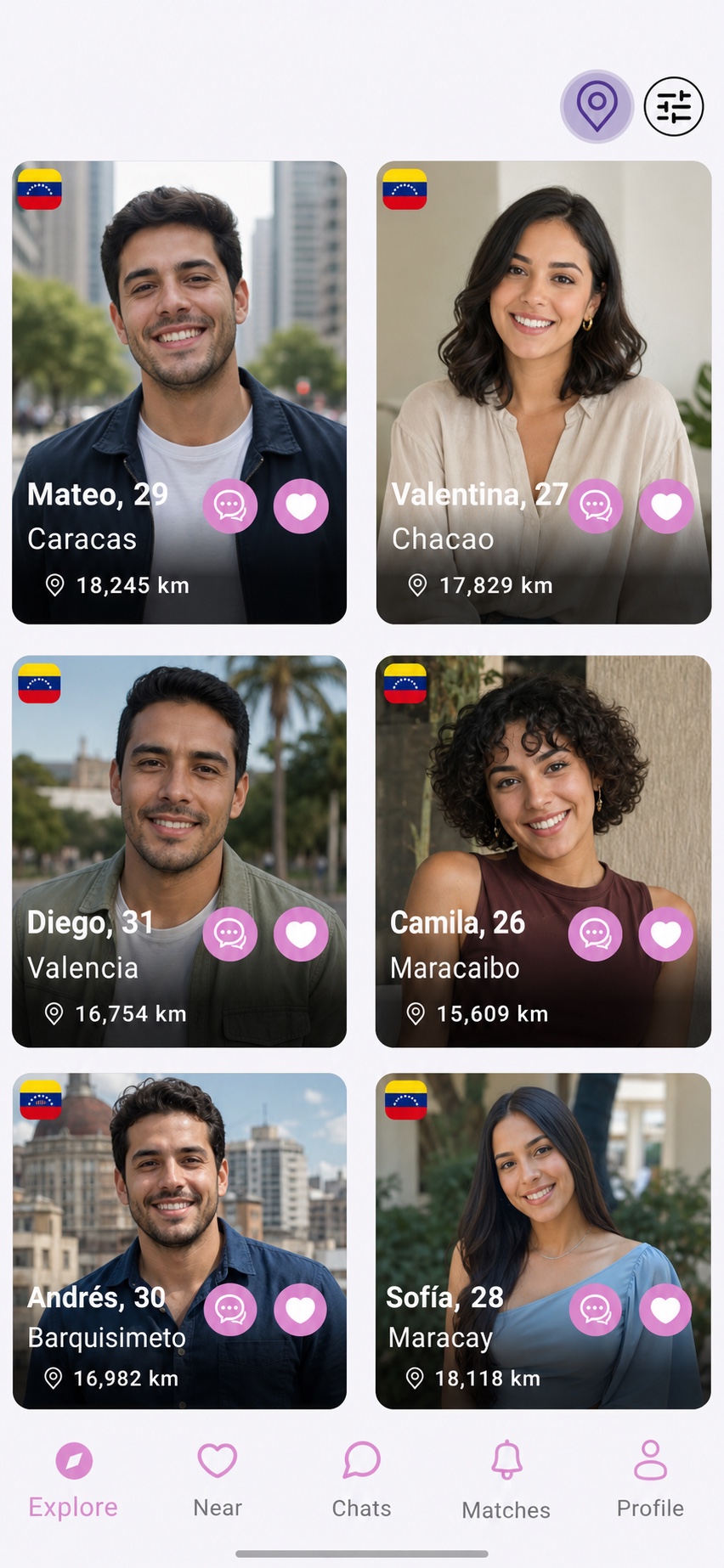 The LatinFlare Explore screen showing active profiles in Venezuela that a user can filter and message