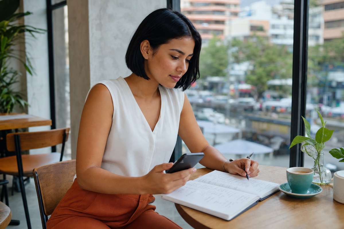 A young Venezuelan woman writing her city, ordinary week, and relationship goal on a dating profile in a bright Caracas cafe