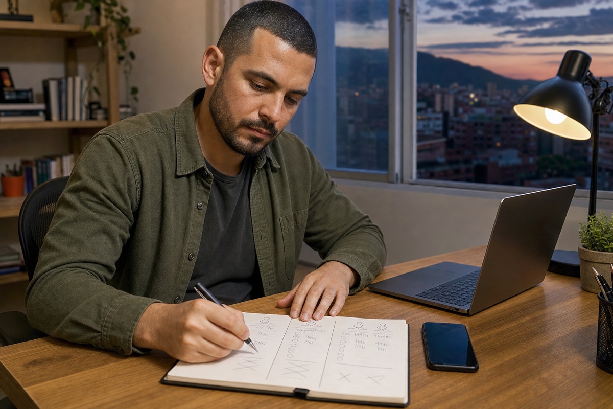 A Venezuelan man comparing three days of dating app conversations and free features at a desk in Caracas