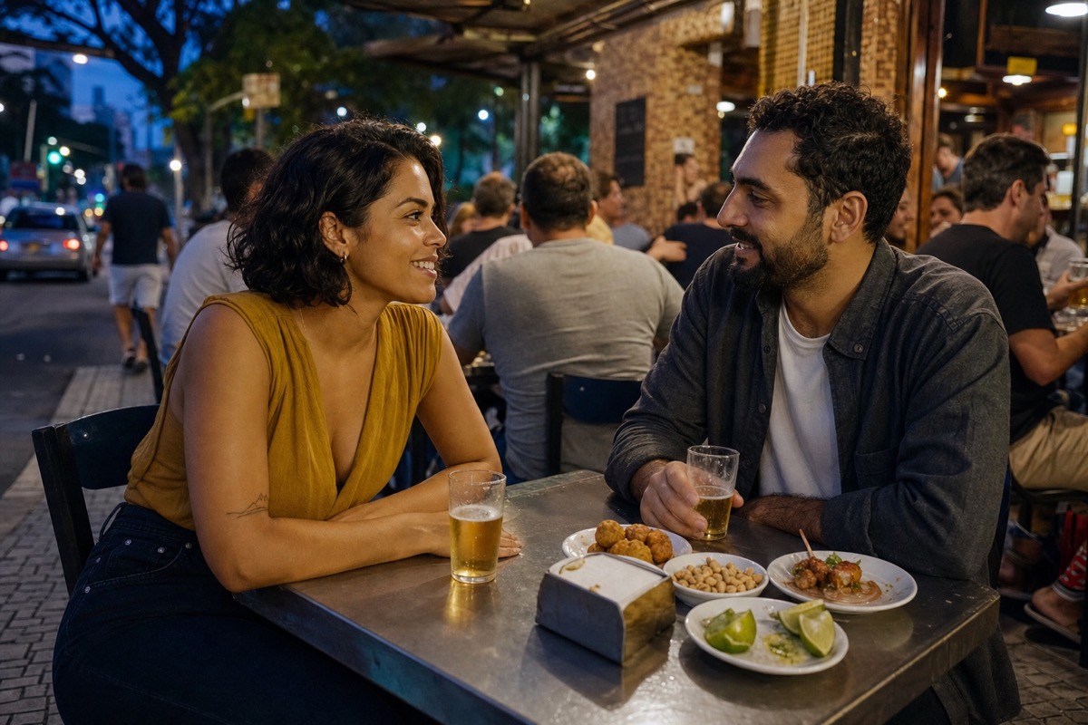 A Brazilian woman and a foreign man talking at a busy neighborhood boteco, with small plates and cold drinks on the table