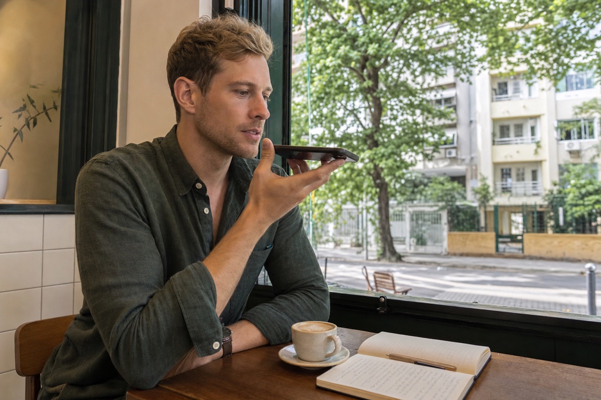 A foreign visitor recording a short Portuguese voice note while confirming a second date in Rio