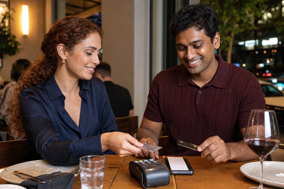 A Brazilian woman and a foreign man splitting a restaurant bill after dinner in São Paulo