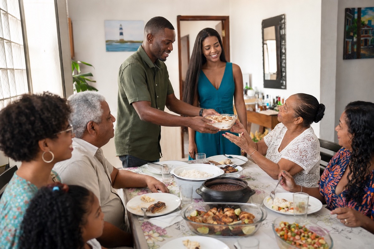 A multigenerational Brazilian family talking over Sunday lunch while a daughter's foreign partner joins the conversation