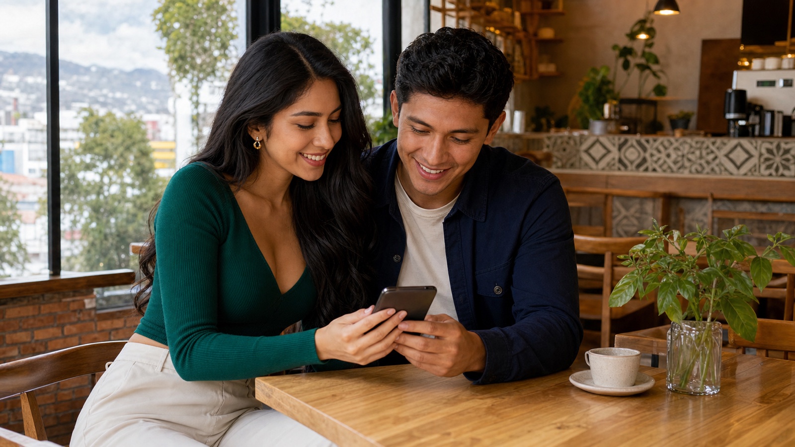 Pareja ecuatoriana revisando una app de citas en una cafetería contemporánea de Quito