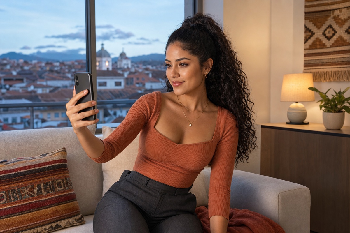 Mujer ecuatoriana haciendo una videollamada antes de confirmar una cita online