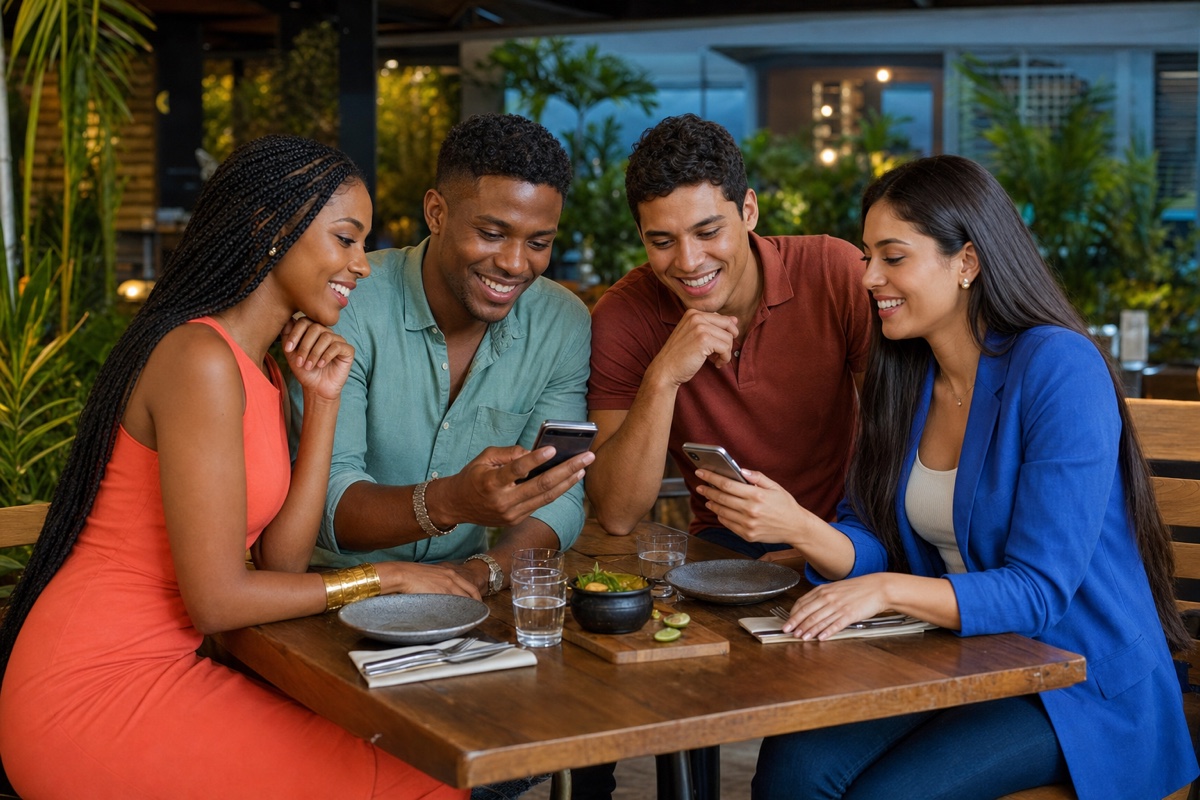 Grupo de ecuatorianos comparando apps de citas desde una mesa en Guayaquil