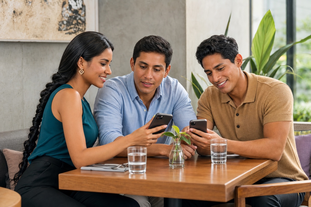Grupo de jóvenes peruanos comparando distintas apps de citas en Lima