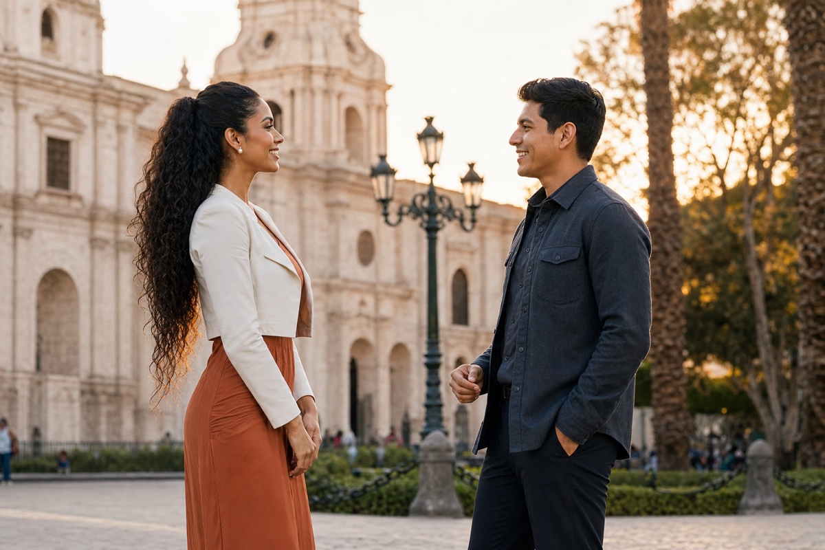 Pareja peruana encontrándose para una primera cita en un espacio público de Arequipa