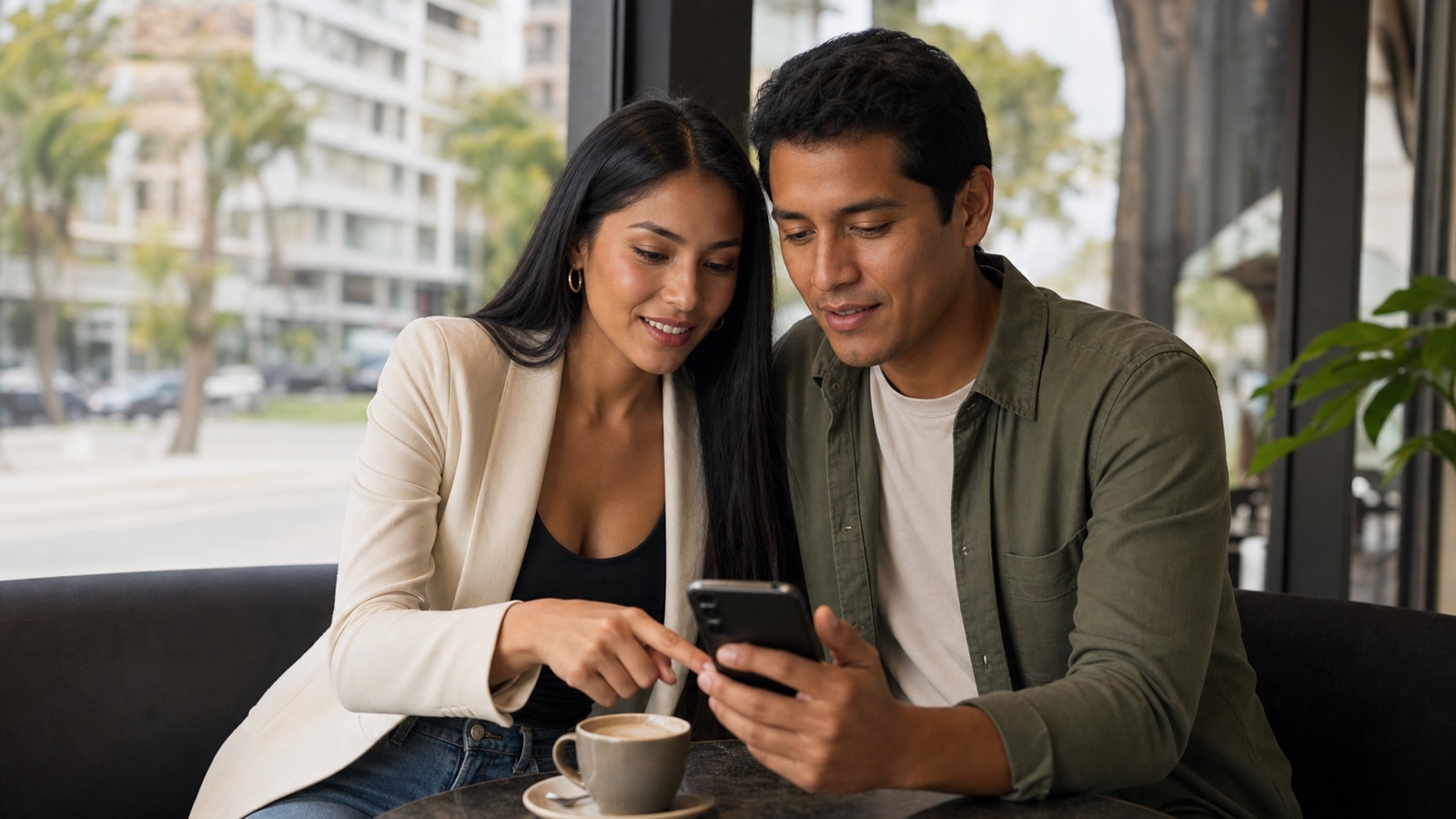 Pareja peruana revisando una app de citas en una cafetería contemporánea de Lima