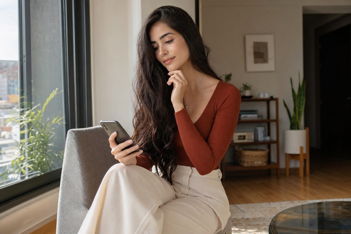 Mujer peruana preparando su perfil de citas online desde su departamento en Lima
