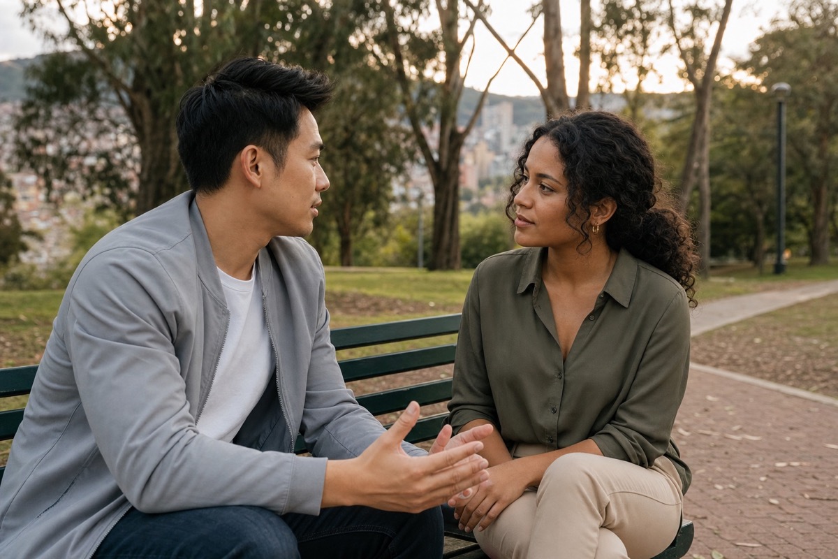 A Colombian woman and a foreign man talking face to face on a quiet park bench, deciding what their relationship means