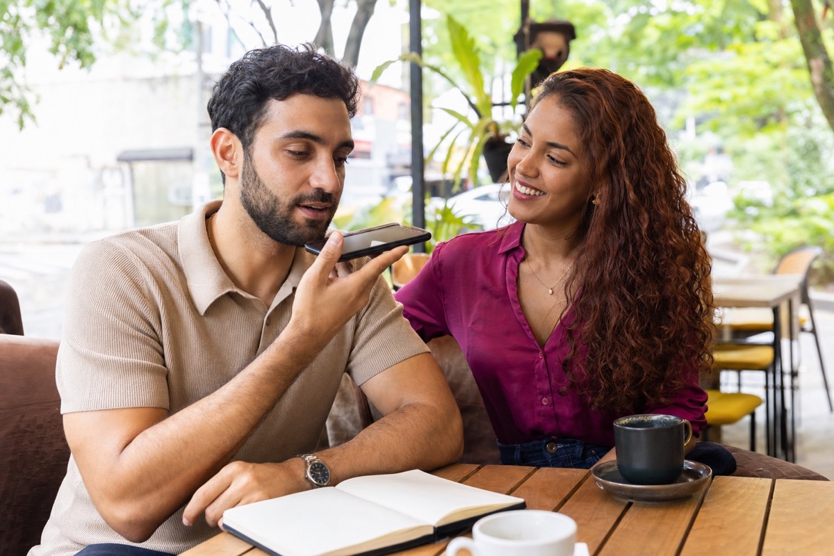 A foreign visitor recording a Spanish voice note while his Colombian partner smiles beside him in a Medellín café