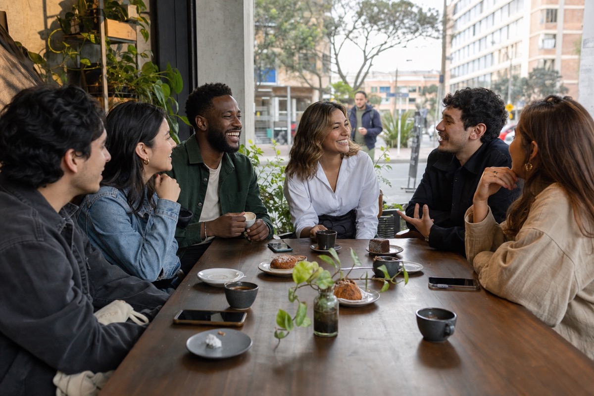 A mixed group of Colombian friends and a foreign visitor sharing coffee at a long table in Bogotá