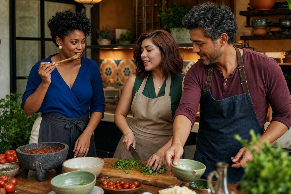 Personas latinoamericanas preparando una receta juntas en un taller de cocina