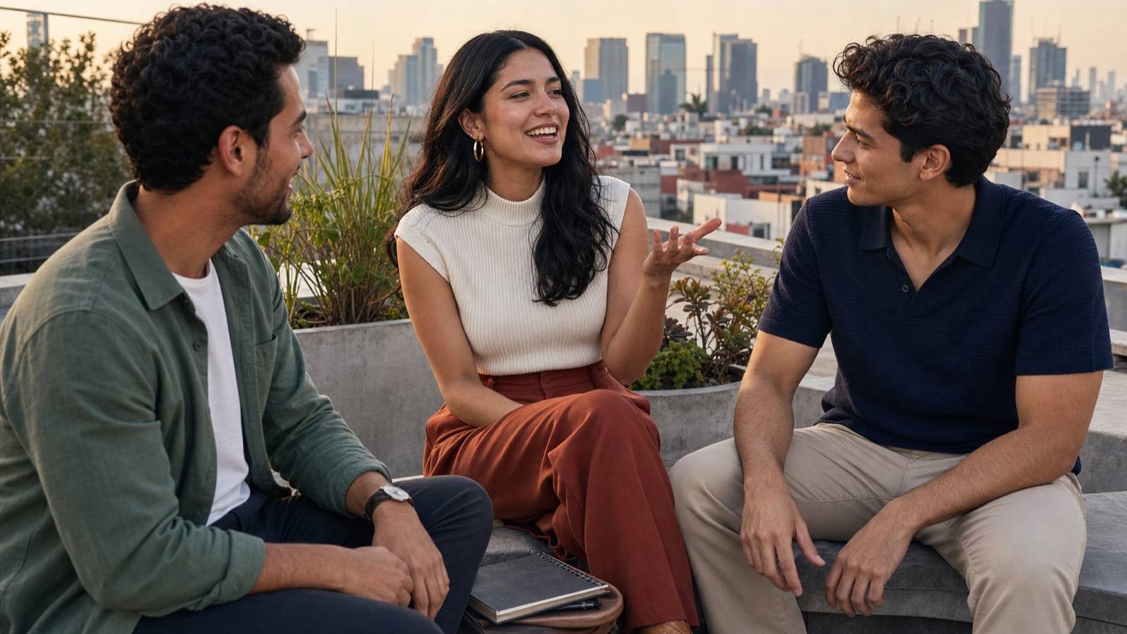 Amigos latinoamericanos conversando después de una clase en una terraza urbana