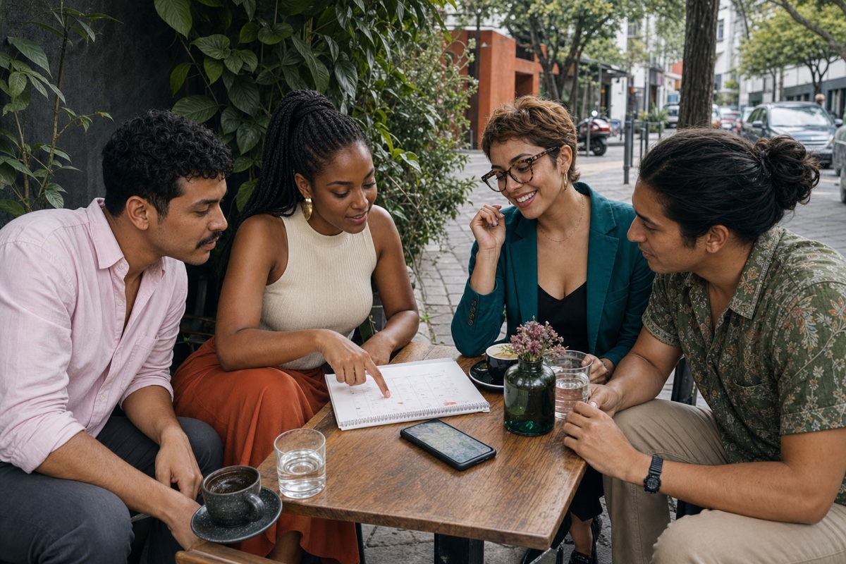 Un grupo diverso de jóvenes latinoamericanos tomando café y organizando un plan
