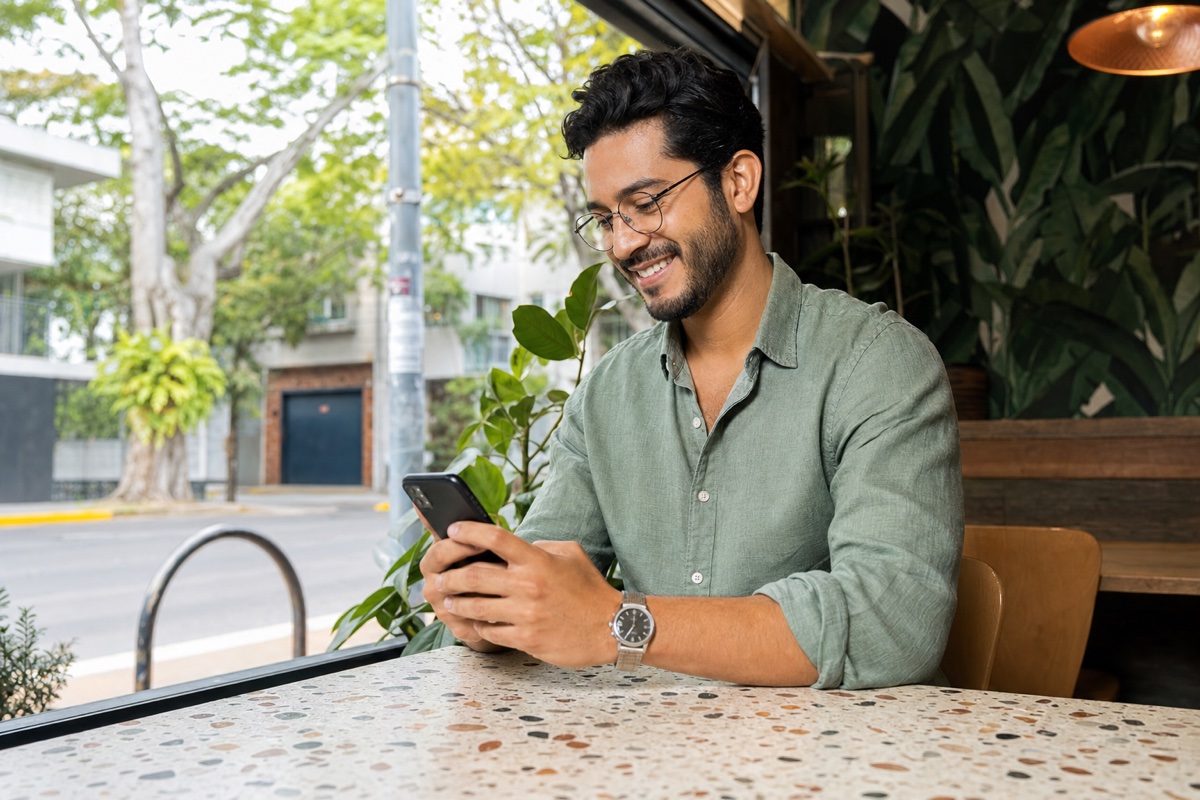 Hombre mexicano escribiendo un mensaje coqueto desde una mesa de café