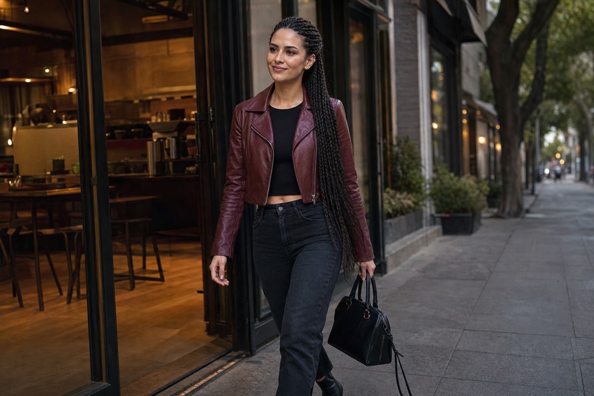 Mujer mexicana saliendo tranquila de una cafetería después de cerrar una conversación