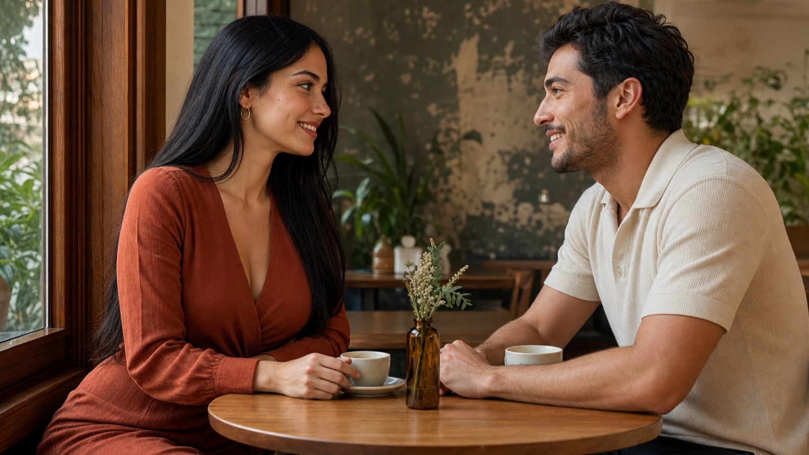 Dos jóvenes mexicanos intercambiando una mirada coqueta en una cafetería