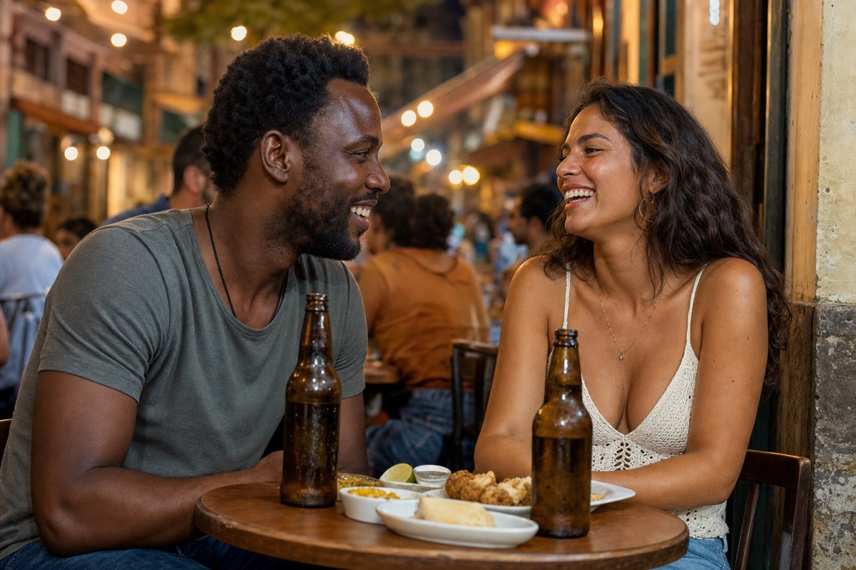 A Black foreign man and a Brazilian woman sharing a small table at a lively Rio botequim (corner bar), cold beer bottles and appetizers between them, warm evening light