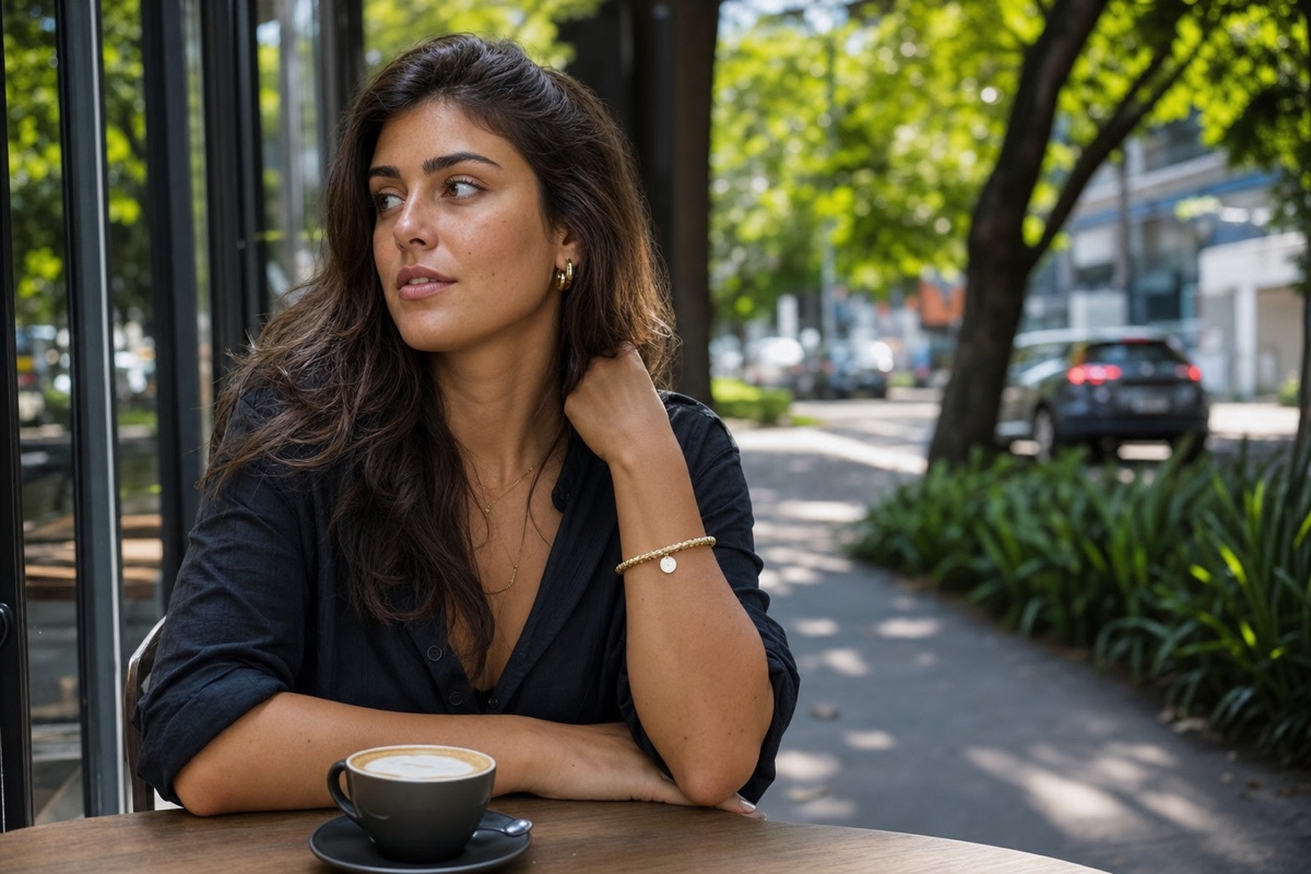 A stylish young Brazilian woman in contemporary São Paulo style sitting at a sidewalk cafe with a coffee, candid and relaxed, a leafy Vila Madalena street behind her